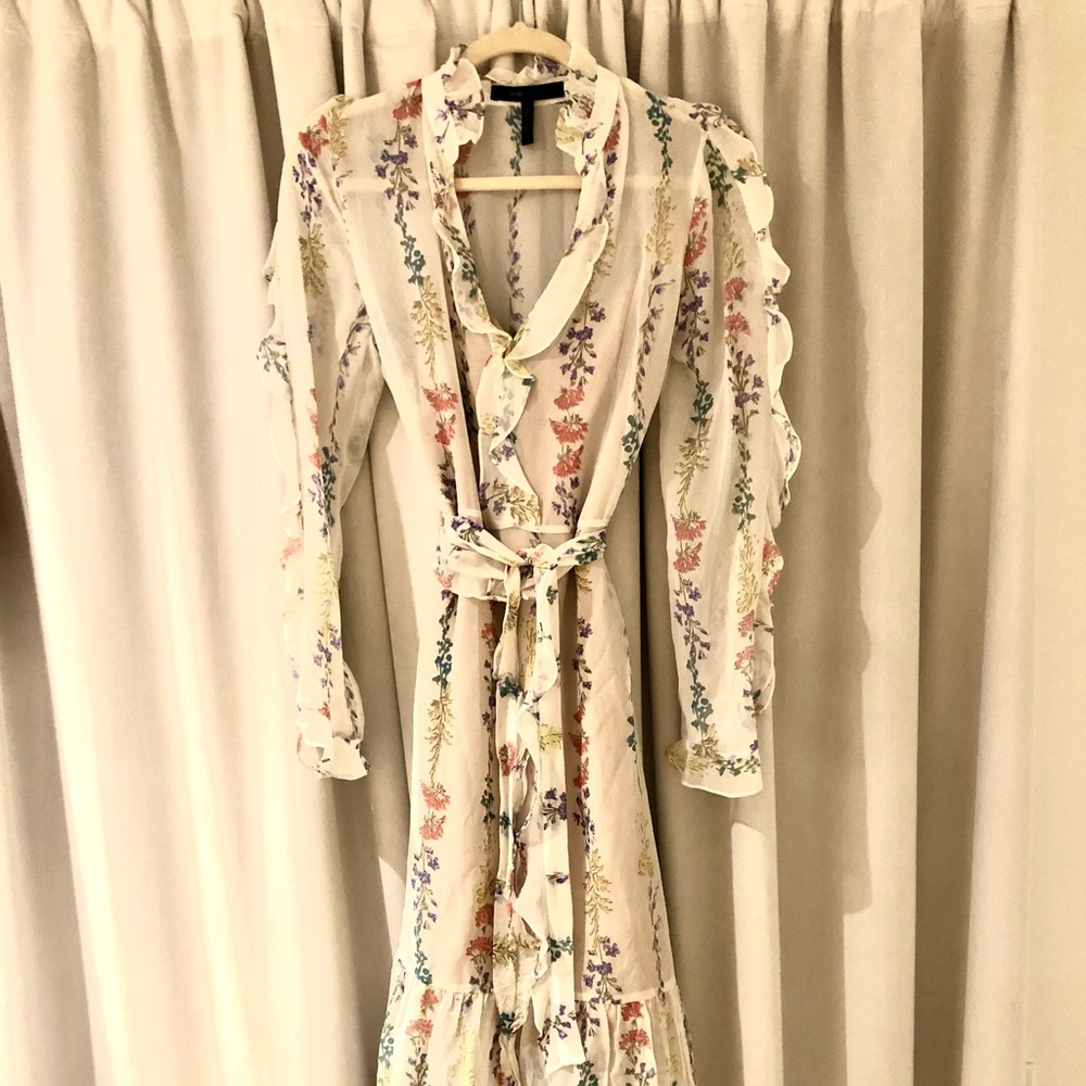 BCBG silk white and floral dress.  Midi length dress includes nude slip. XS